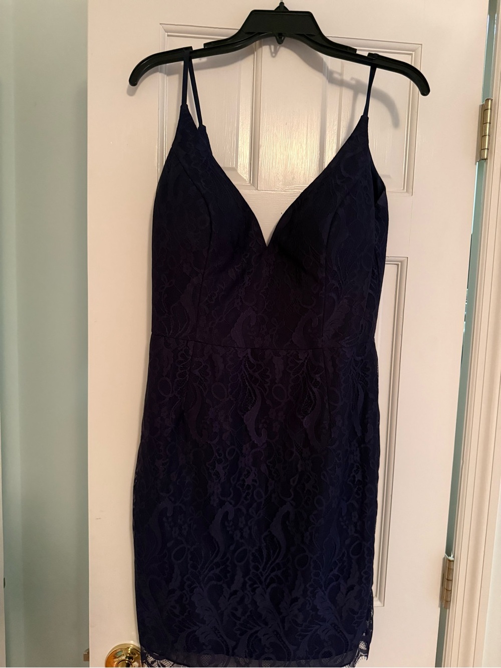 Hayley Paige Navy Lace V-Neck Dress with Spaghetti Straps and Optional Skirt